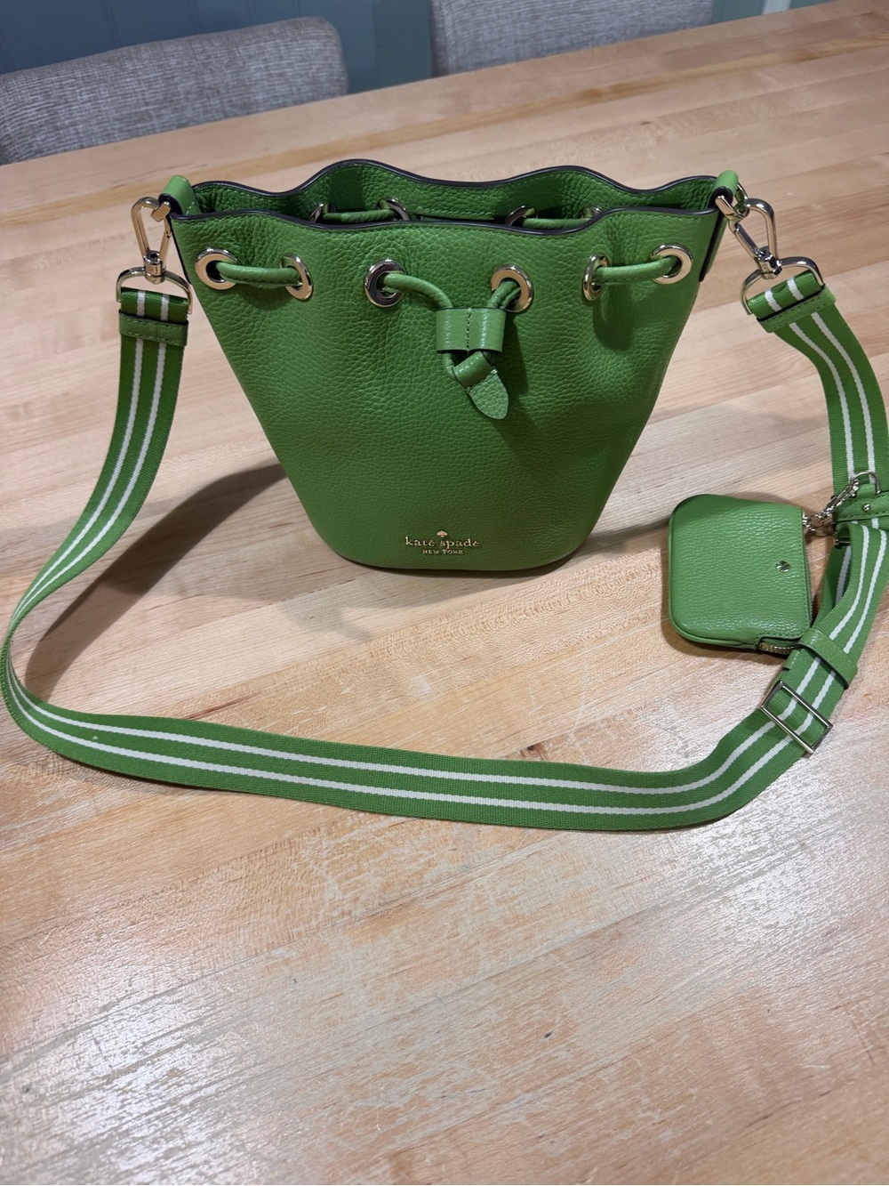 kate spade Green Pebbled Leather Drawstring Bucket Bag